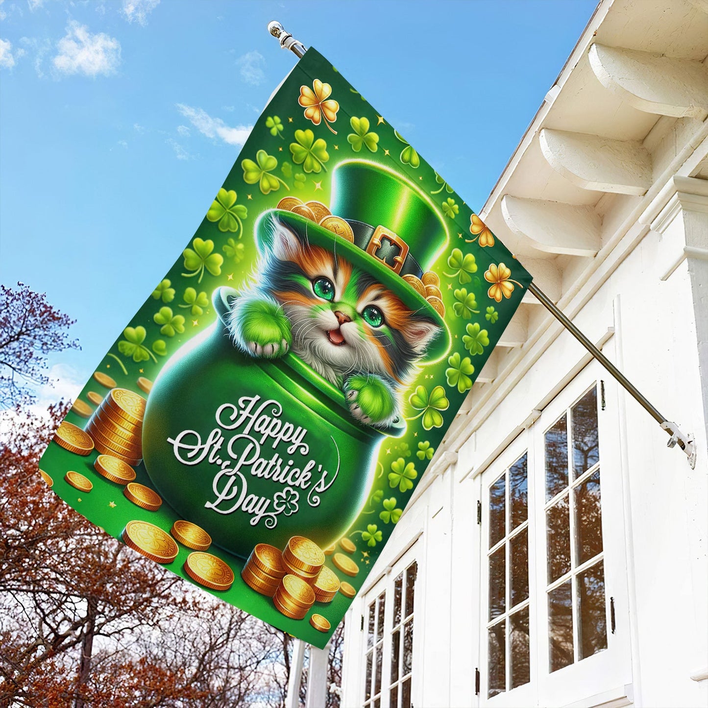 St Patrick's Day Cat Flag, Cat Inside The Money Jar, St Patrick's Day Cat Garden Flag & House Flag Gift, St Patricks Day Irish Outdoor Decoration Gift For Cat Lovers