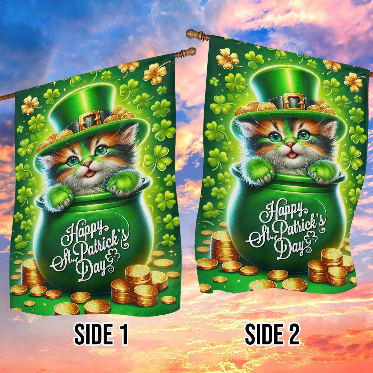 St Patrick's Day Cat Flag, Cat Inside The Money Jar, St Patrick's Day Cat Garden Flag & House Flag Gift, St Patricks Day Irish Outdoor Decoration Gift For Cat Lovers