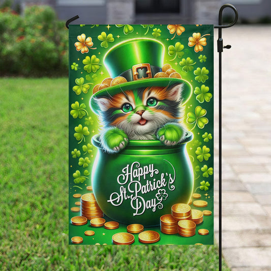 St Patrick's Day Cat Flag, Cat Inside The Money Jar, St Patrick's Day Cat Garden Flag & House Flag Gift, St Patricks Day Irish Outdoor Decoration Gift For Cat Lovers