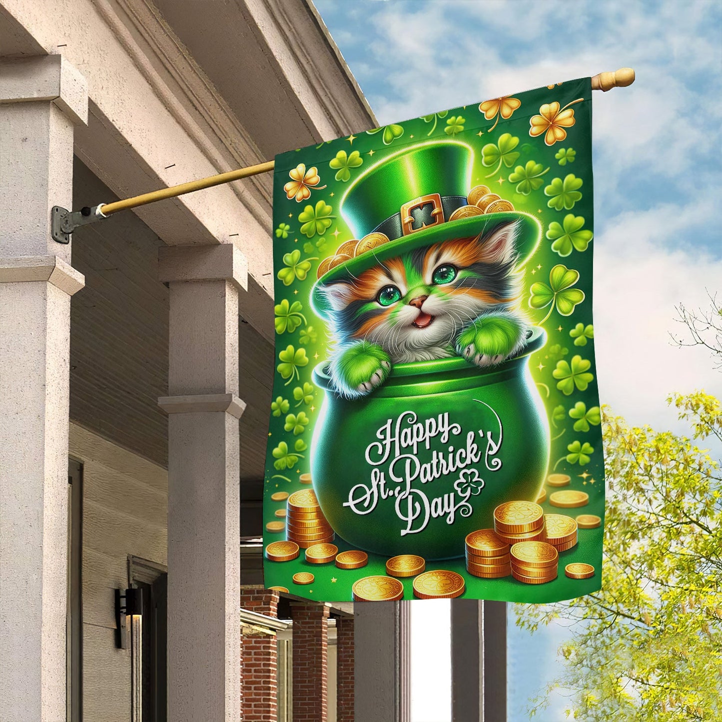 St Patrick's Day Cat Flag, Cat Inside The Money Jar, St Patrick's Day Cat Garden Flag & House Flag Gift, St Patricks Day Irish Outdoor Decoration Gift For Cat Lovers