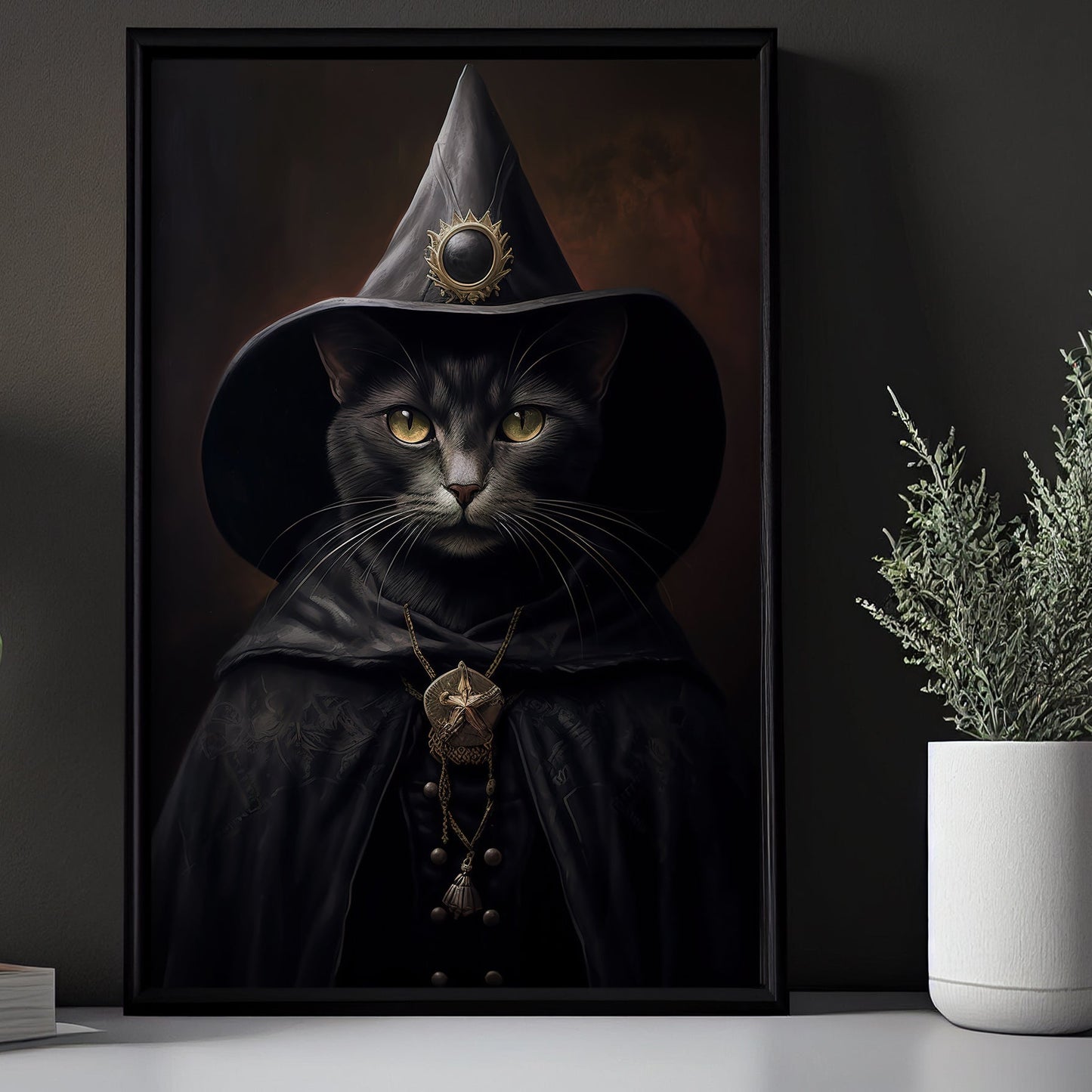 Black Cat Witch Dark Vintage Halloween Canvas Painting, Wall Art Decor - Academia Cat Witch Halloween Poster Gift