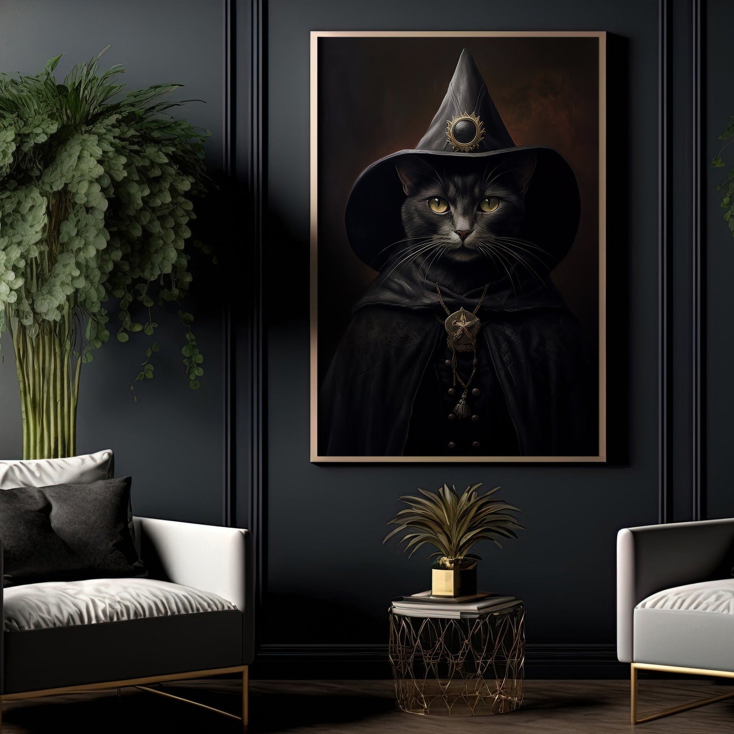 Black Cat Witch Dark Vintage Halloween Canvas Painting, Wall Art Decor - Academia Cat Witch Halloween Poster Gift