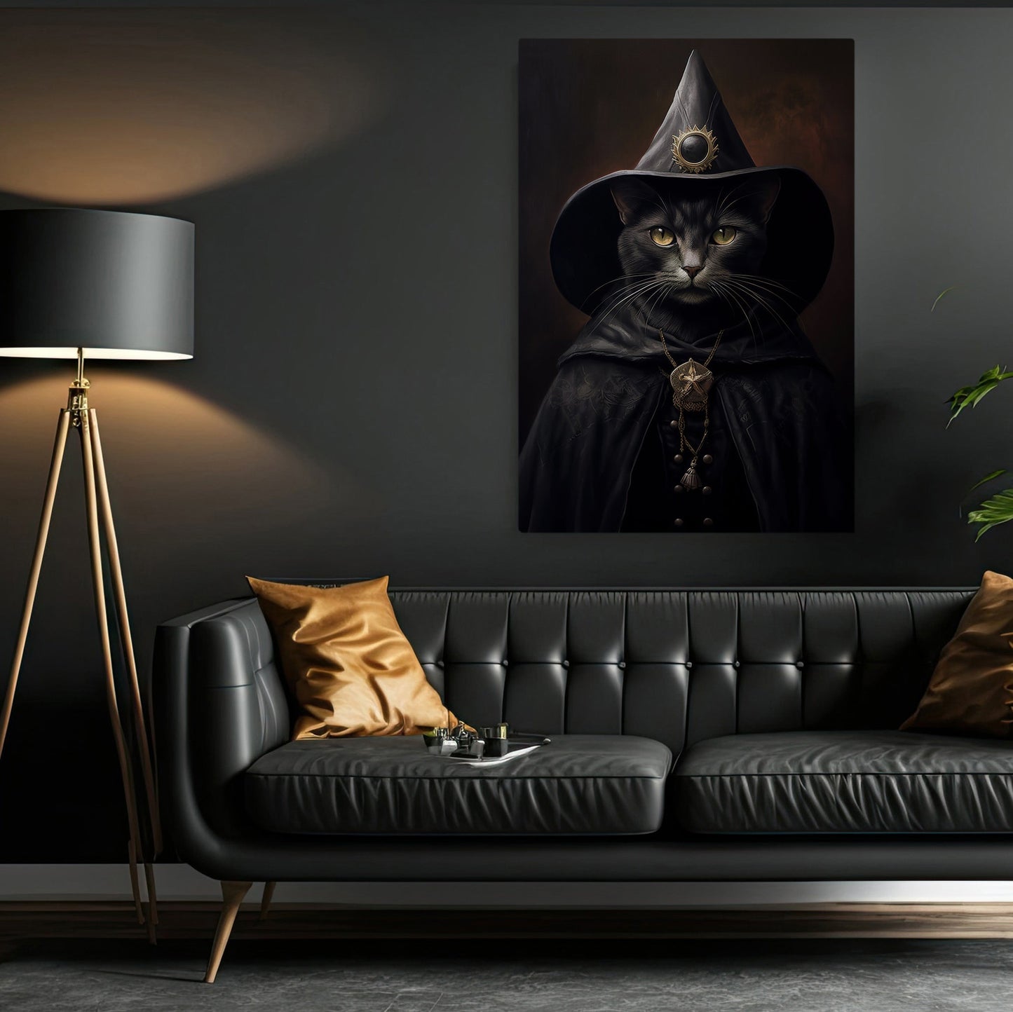 Black Cat Witch Dark Vintage Halloween Canvas Painting, Wall Art Decor - Academia Cat Witch Halloween Poster Gift