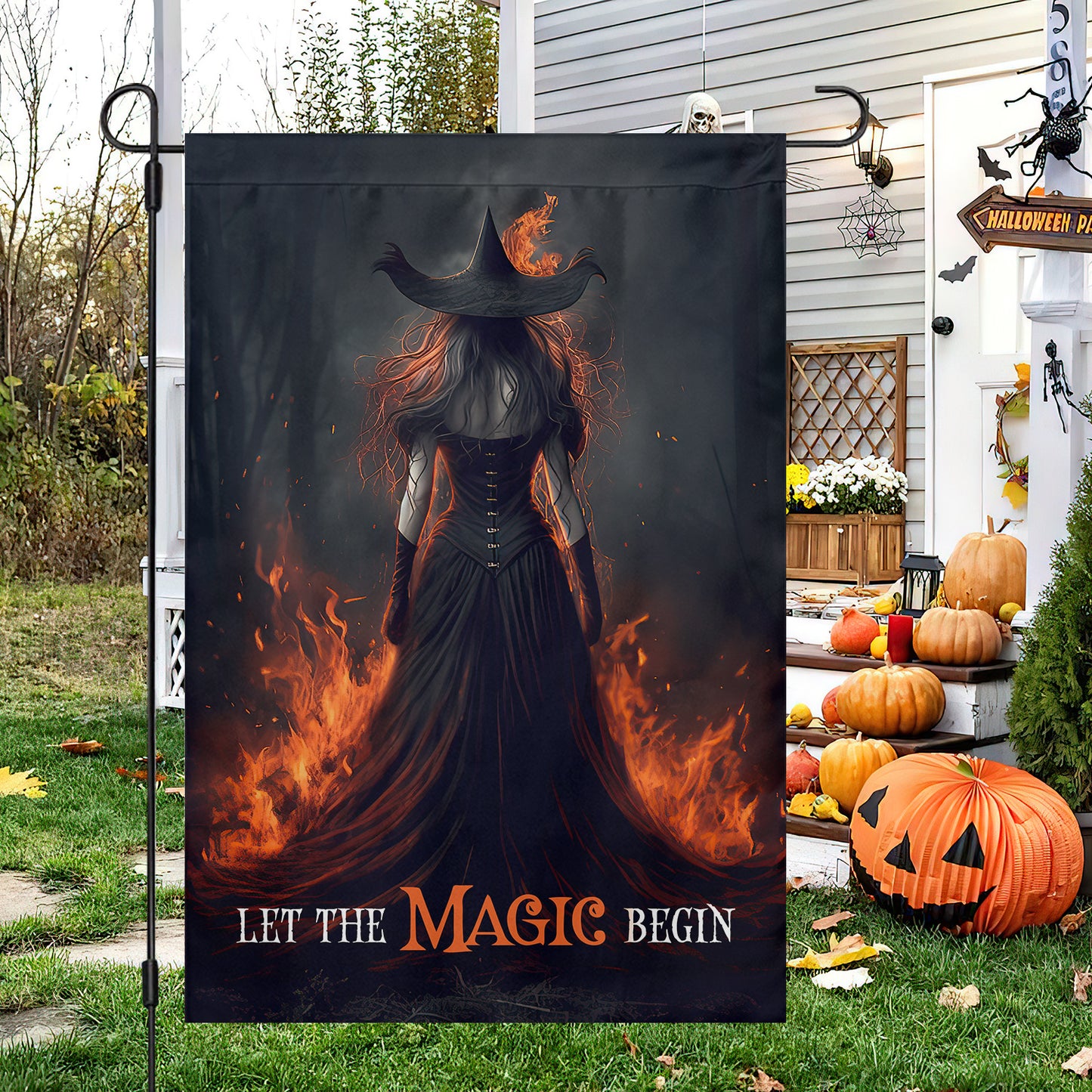 Halloween Witch Flag, Let The Magic Begin Fire Witch In Rage Dark, Flag Gift For Halloween Decor, Gift For Garden Flag