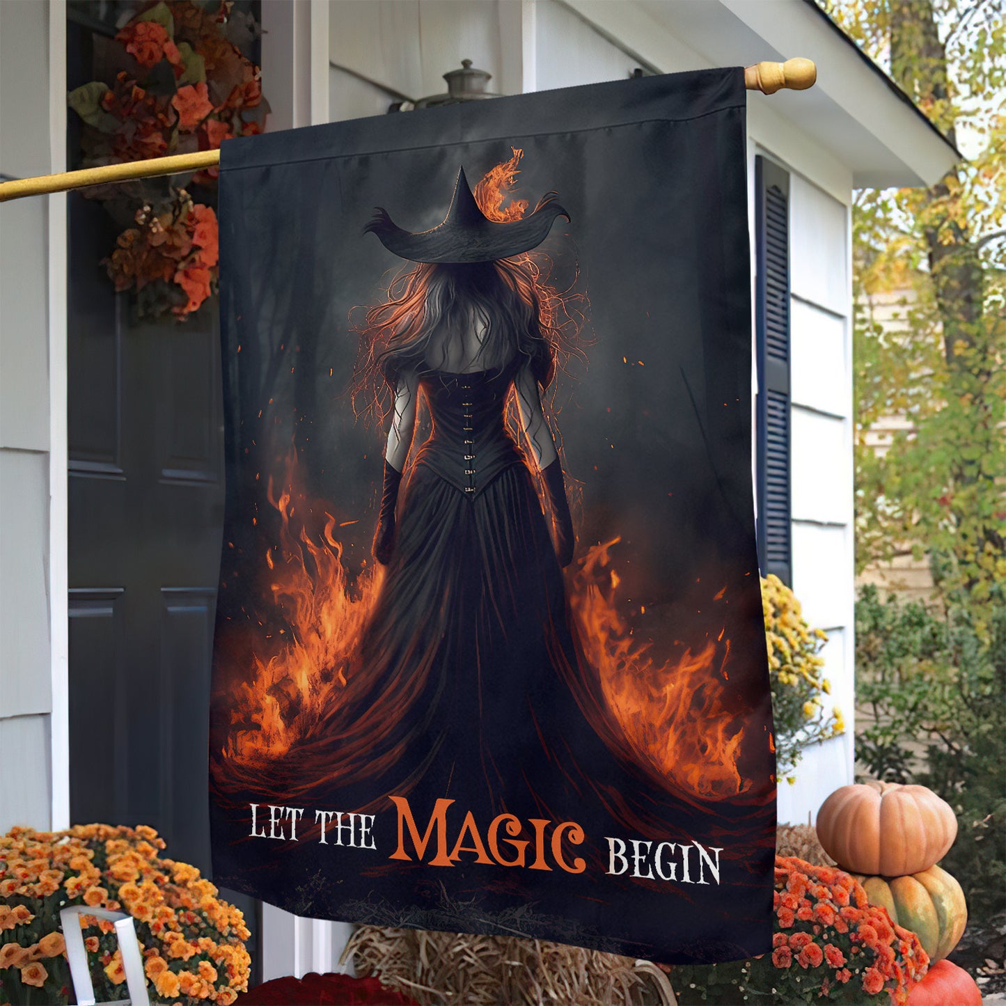 Halloween Witch Flag, Let The Magic Begin Fire Witch In Rage Dark, Flag Gift For Halloween Decor, Gift For Garden Flag
