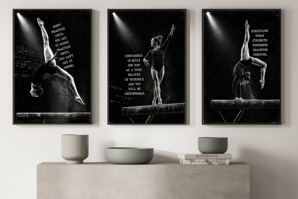 Set Of 3 Gymnastics Canvas Painting, Built One Rep At A Time Sport Wall Art Decor, Poster Gift For Gymnastics Lover