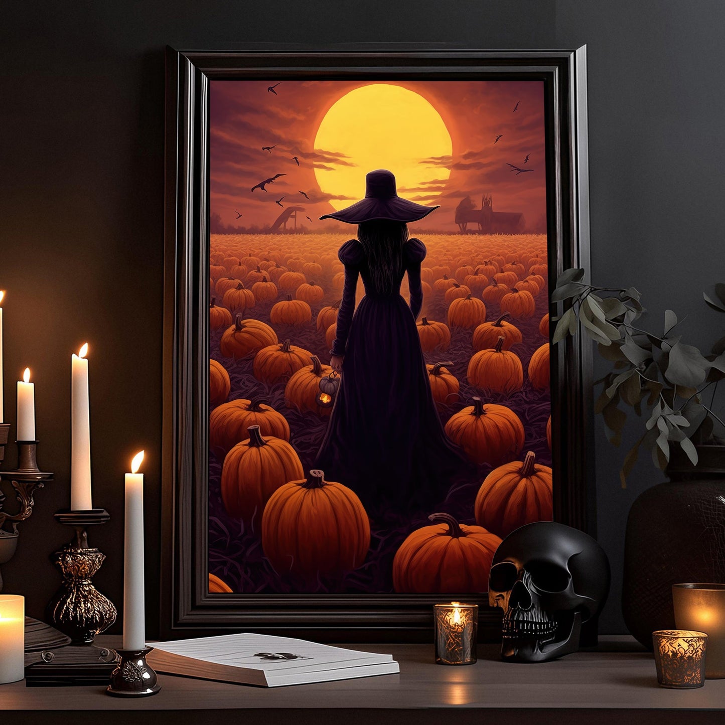 Witch In The Field Pumpkin Halloween Canvas Painting, Wall Art Decor - Witch Halloween Poster Gift