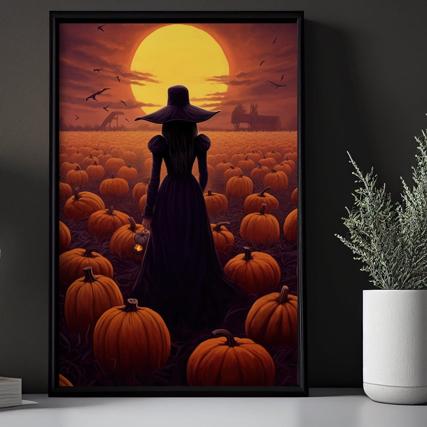 Witch In The Field Pumpkin Halloween Canvas Painting, Wall Art Decor - Witch Halloween Poster Gift