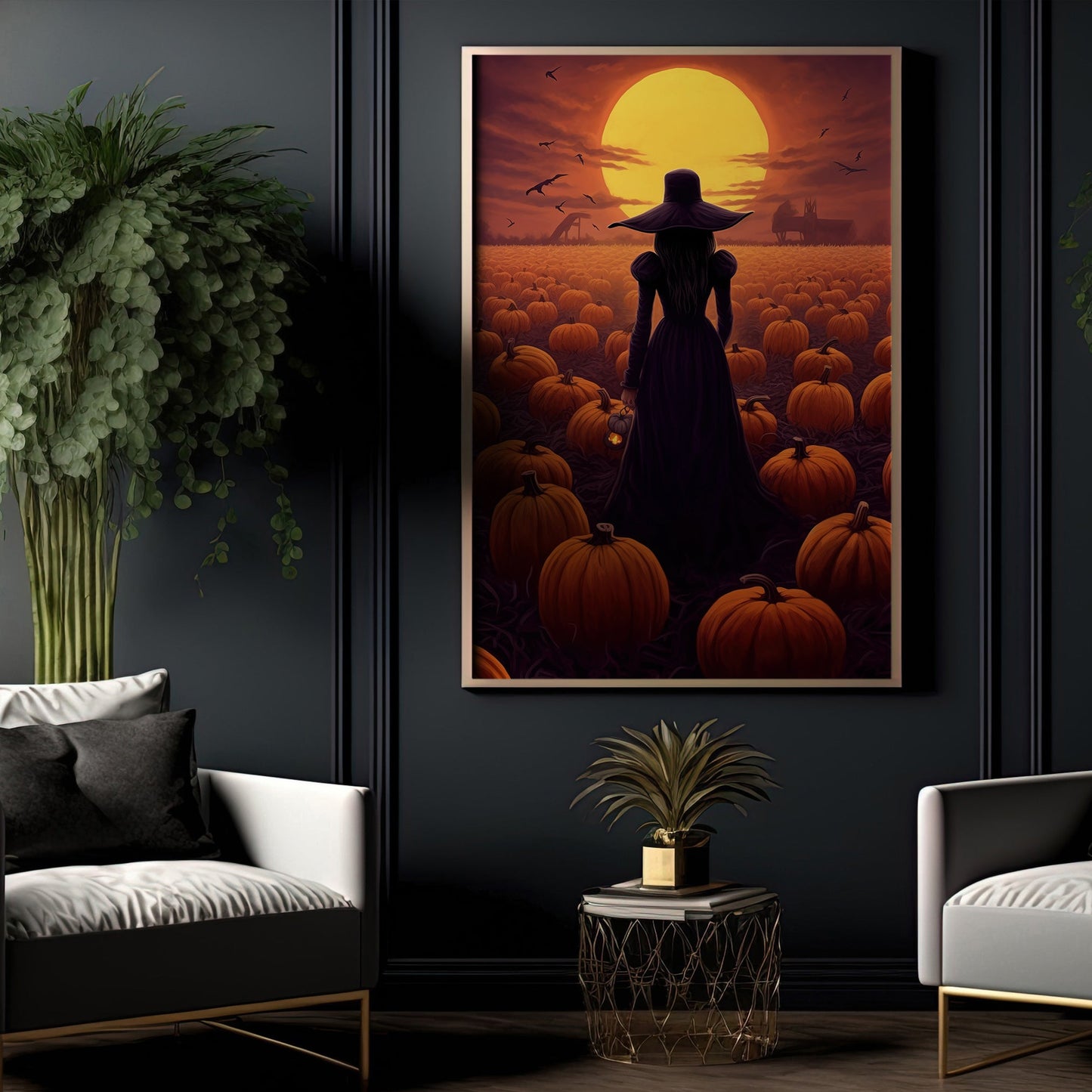 Witch In The Field Pumpkin Halloween Canvas Painting, Wall Art Decor - Witch Halloween Poster Gift