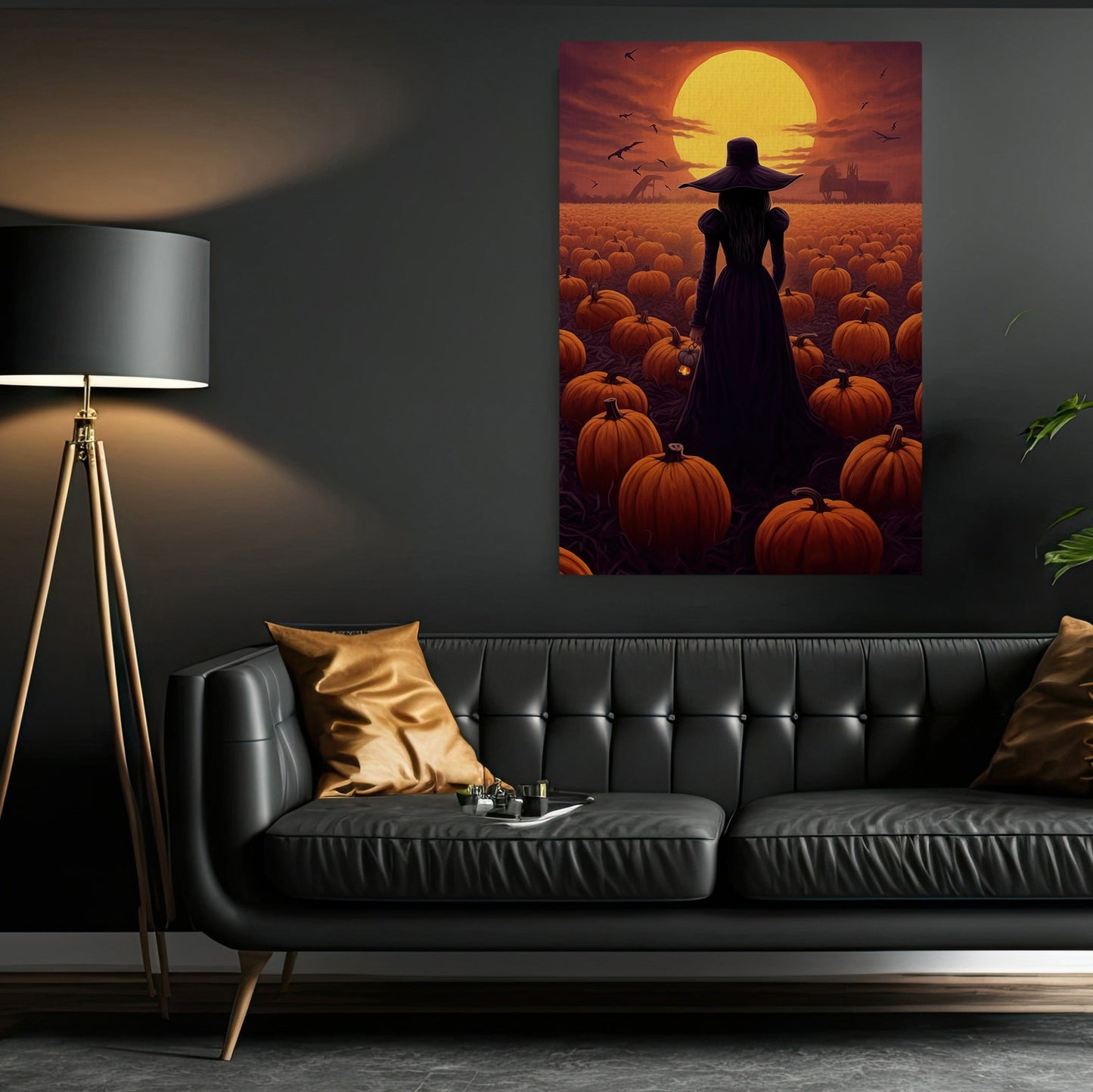 Witch In The Field Pumpkin Halloween Canvas Painting, Wall Art Decor - Witch Halloween Poster Gift