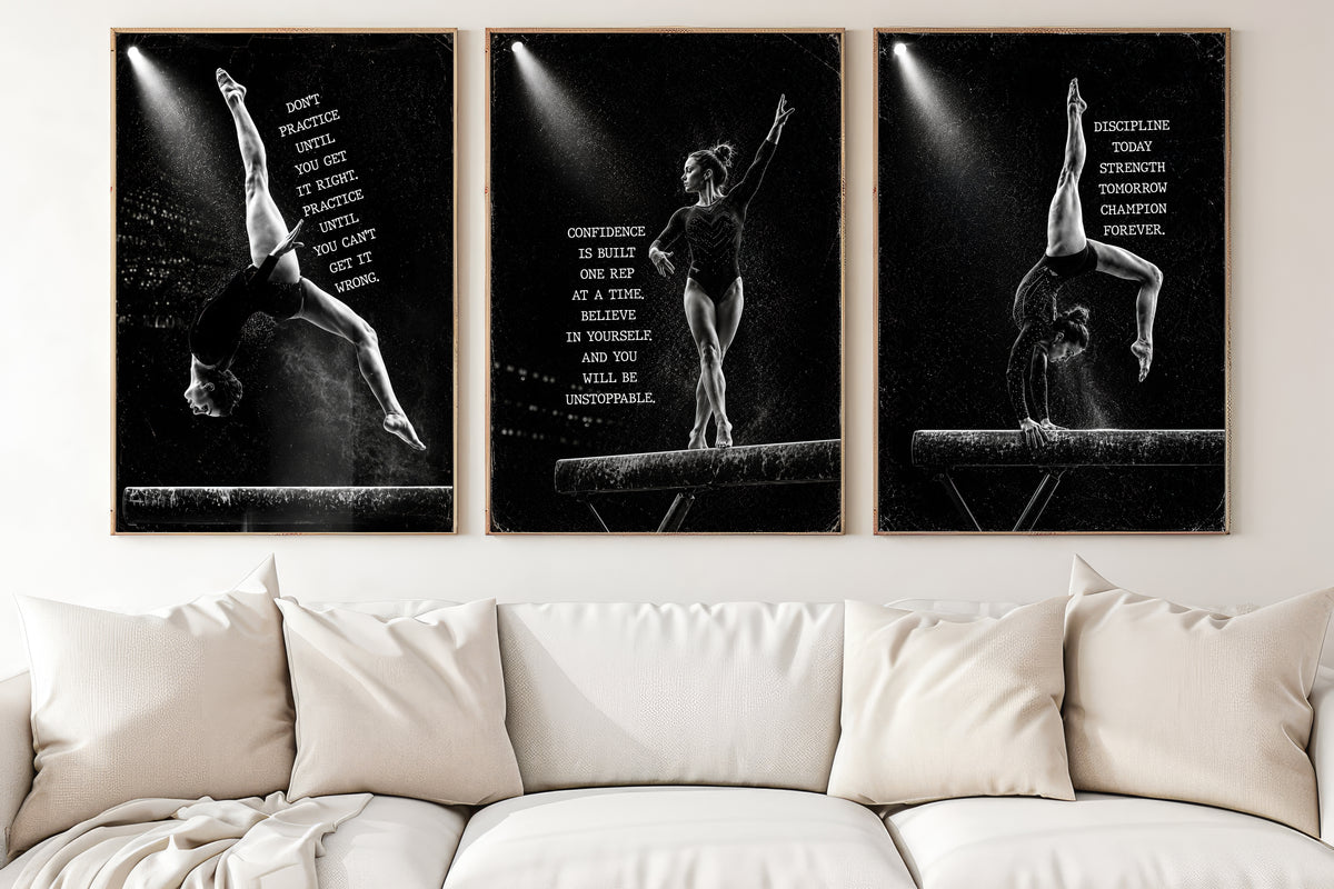 Set Of 3 Gymnastics Canvas Painting, Built One Rep At A Time Sport Wall Art Decor, Poster Gift For Gymnastics Lover