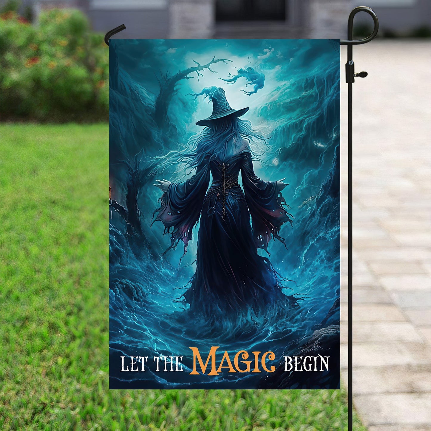 Halloween Witch Flag, Let The Magic Begin Striking Water Witch In The Storm, Flag Gift For Halloween Decor, Gift For Garden Flag