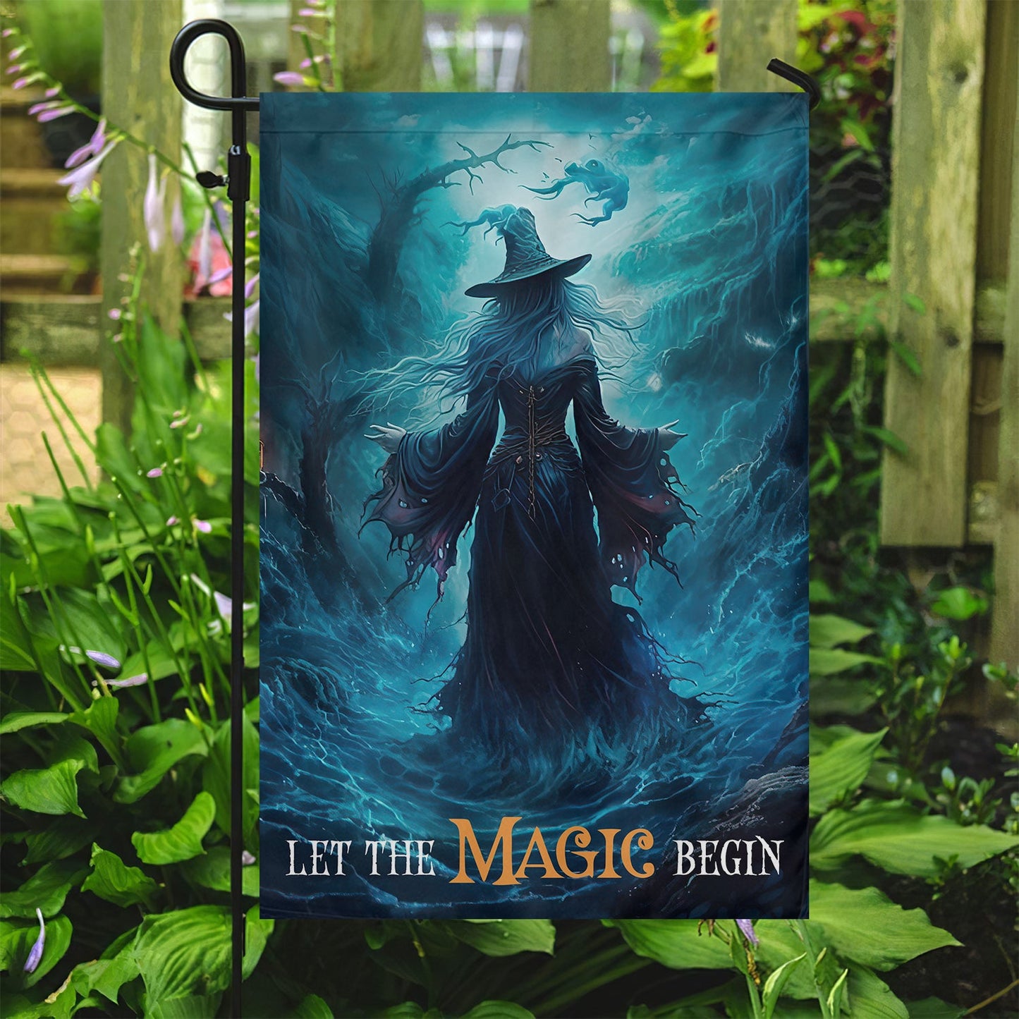 Halloween Witch Flag, Let The Magic Begin Striking Water Witch In The Storm, Flag Gift For Halloween Decor, Gift For Garden Flag