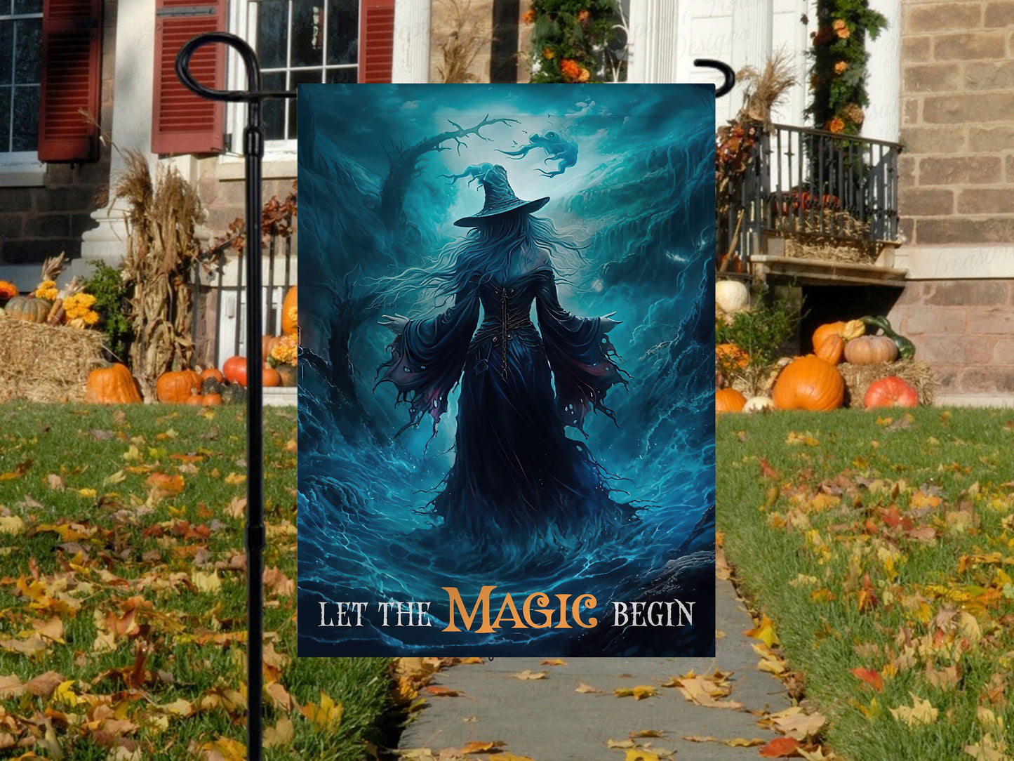 Halloween Witch Flag, Let The Magic Begin Striking Water Witch In The Storm, Flag Gift For Halloween Decor, Gift For Garden Flag