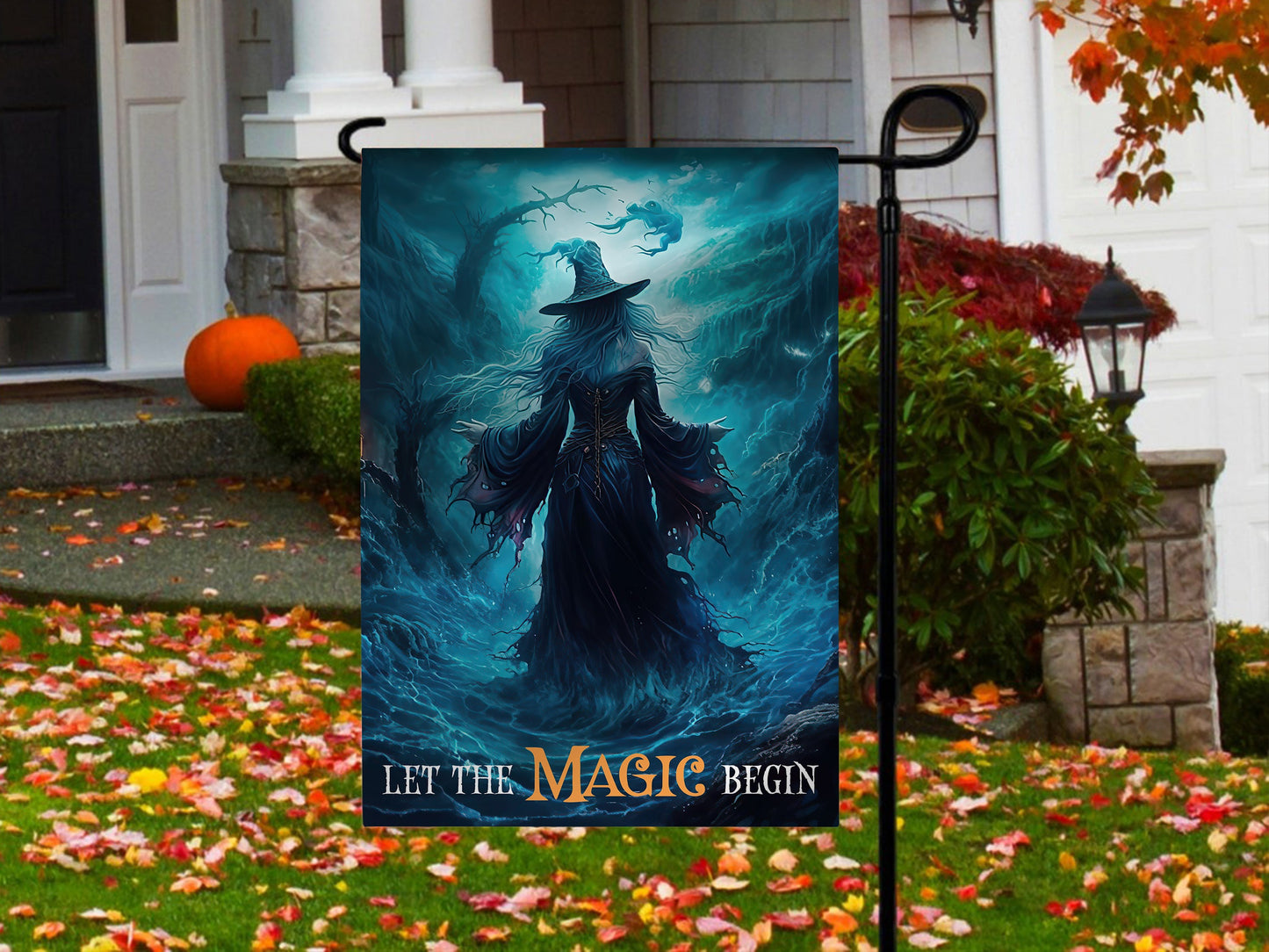 Halloween Witch Flag, Let The Magic Begin Striking Water Witch In The Storm, Flag Gift For Halloween Decor, Gift For Garden Flag