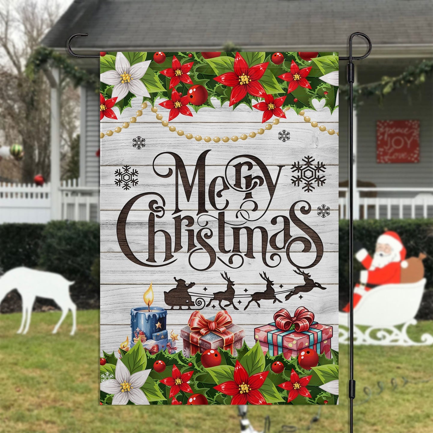 Yuletide Blooms & Sleigh Delights, Reindeer And Santa Claus Xmas Garden Flag & House Flag, Christmas Flag Gift For Reindeer Lovers