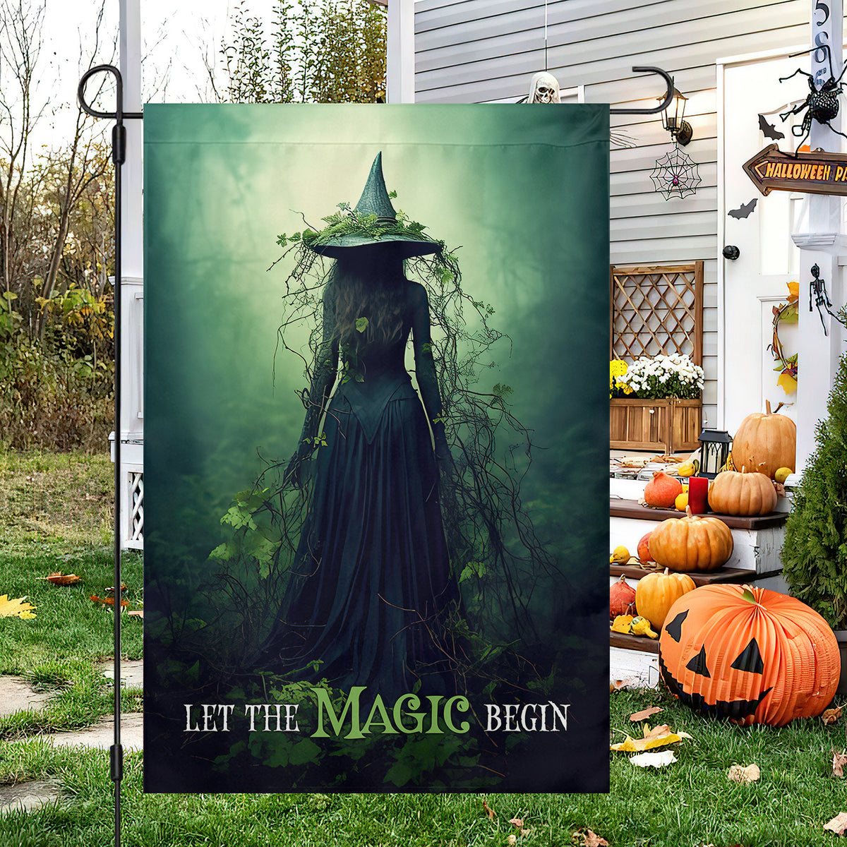 Halloween Witch Flag, Let The Magic Begin Spooky Witch In Dark Forest, Flag Gift For Halloween Decor, Gift For Garden Flag