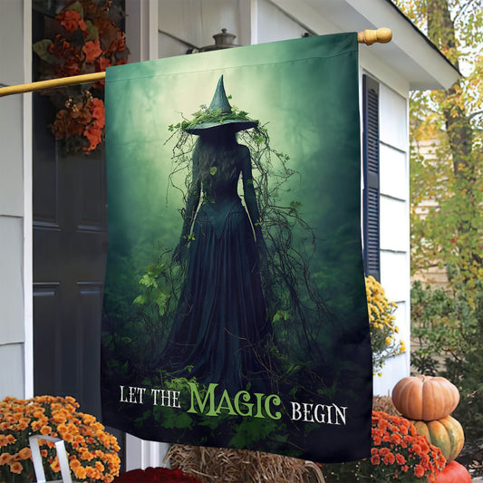 Halloween Witch Flag, Let The Magic Begin Spooky Witch In Dark Forest, Flag Gift For Halloween Decor, Gift For Garden Flag