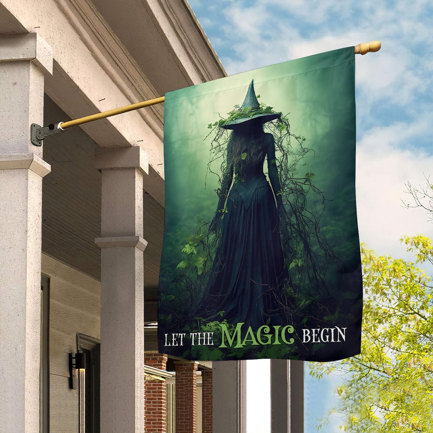 Halloween Witch Flag, Let The Magic Begin Spooky Witch In Dark Forest, Flag Gift For Halloween Decor, Gift For Garden Flag