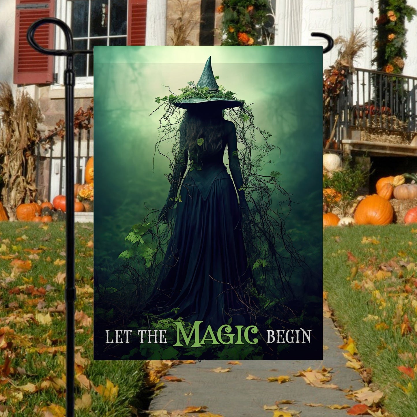 Halloween Witch Flag, Let The Magic Begin Spooky Witch In Dark Forest, Flag Gift For Halloween Decor, Gift For Garden Flag