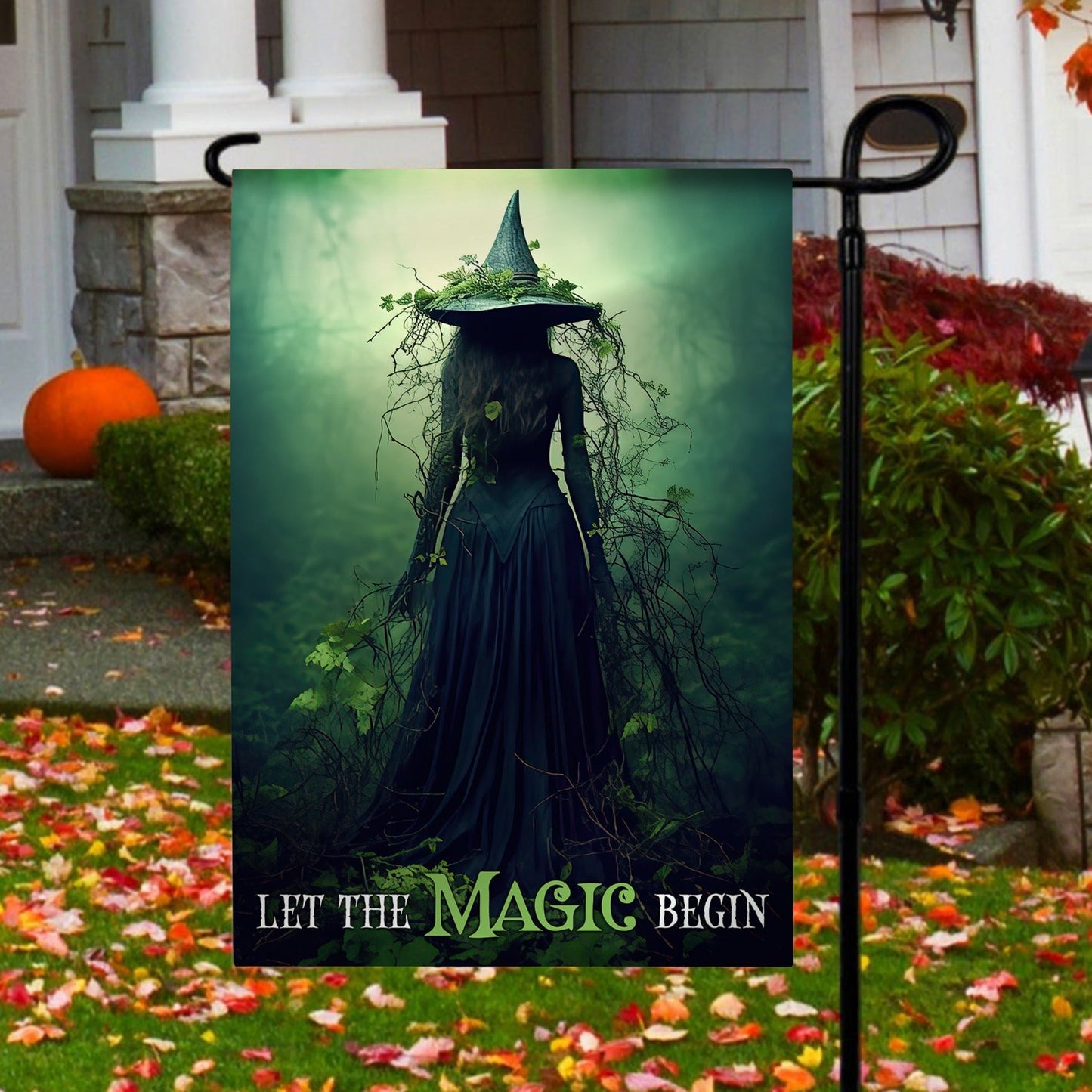 Halloween Witch Flag, Let The Magic Begin Spooky Witch In Dark Forest, Flag Gift For Halloween Decor, Gift For Garden Flag