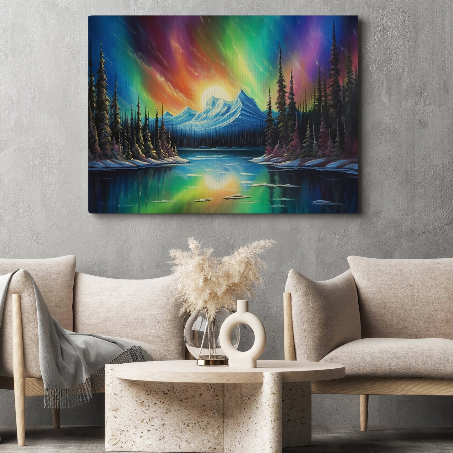 Northern Lights Aurora Borealis Over A Lake, Canvas  Painting, Wall Art Decor - Aurora Poster Gift