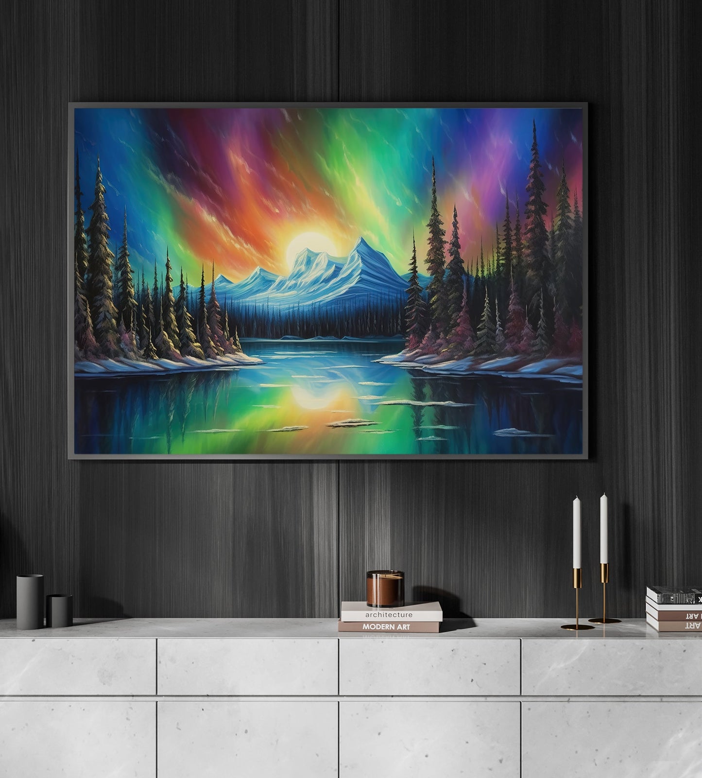 Northern Lights Aurora Borealis Over A Lake, Canvas  Painting, Wall Art Decor - Aurora Poster Gift