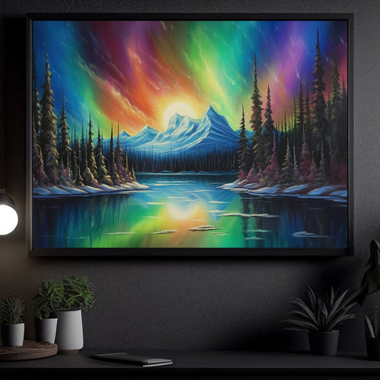 Northern Lights Aurora Borealis Over A Lake, Canvas  Painting, Wall Art Decor - Aurora Poster Gift