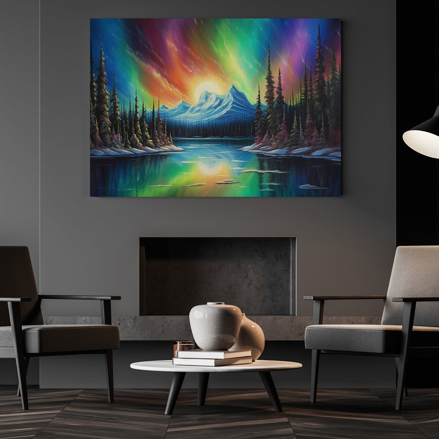 Northern Lights Aurora Borealis Over A Lake, Canvas  Painting, Wall Art Decor - Aurora Poster Gift