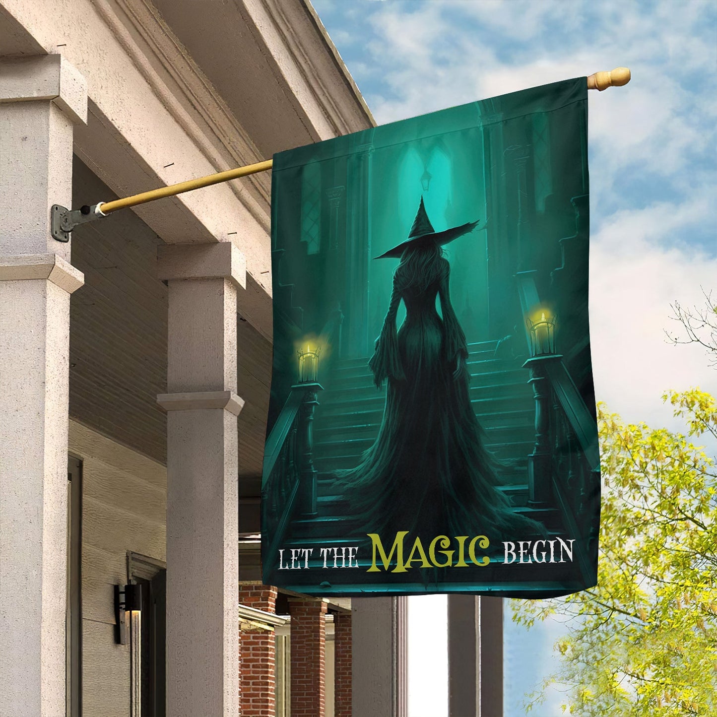 Halloween Witch Flag, Let The Magic Begin Witch On The Stairs, Flag Gift For Halloween Decor, Gift For Garden Flag