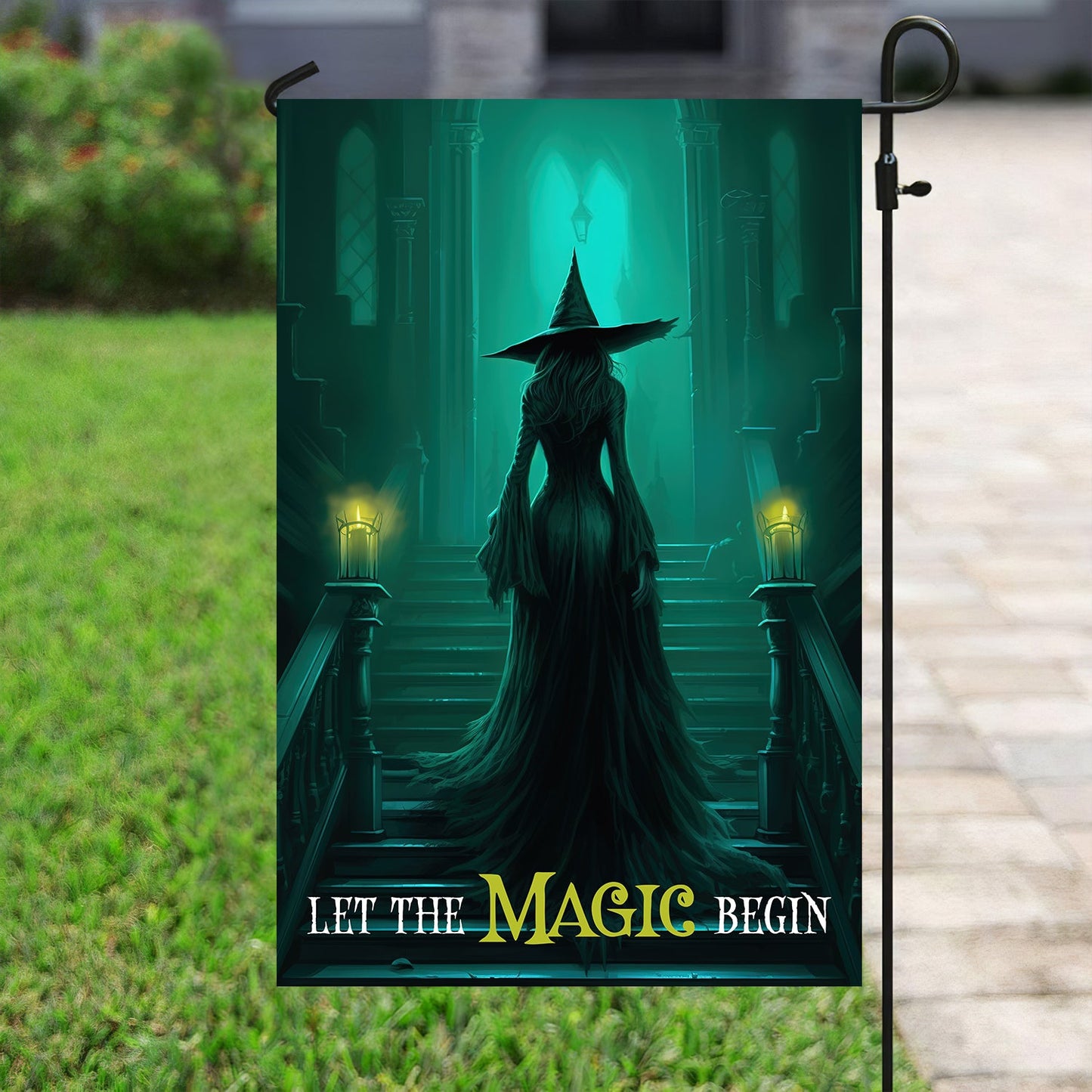 Halloween Witch Flag, Let The Magic Begin Witch On The Stairs, Flag Gift For Halloween Decor, Gift For Garden Flag