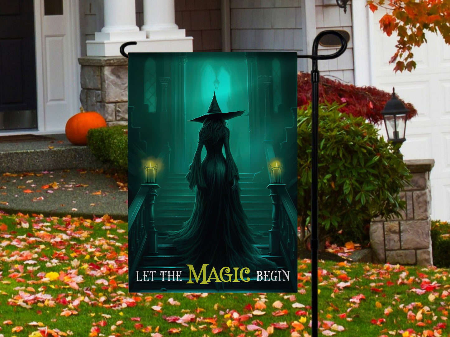 Halloween Witch Flag, Let The Magic Begin Witch On The Stairs, Flag Gift For Halloween Decor, Gift For Garden Flag