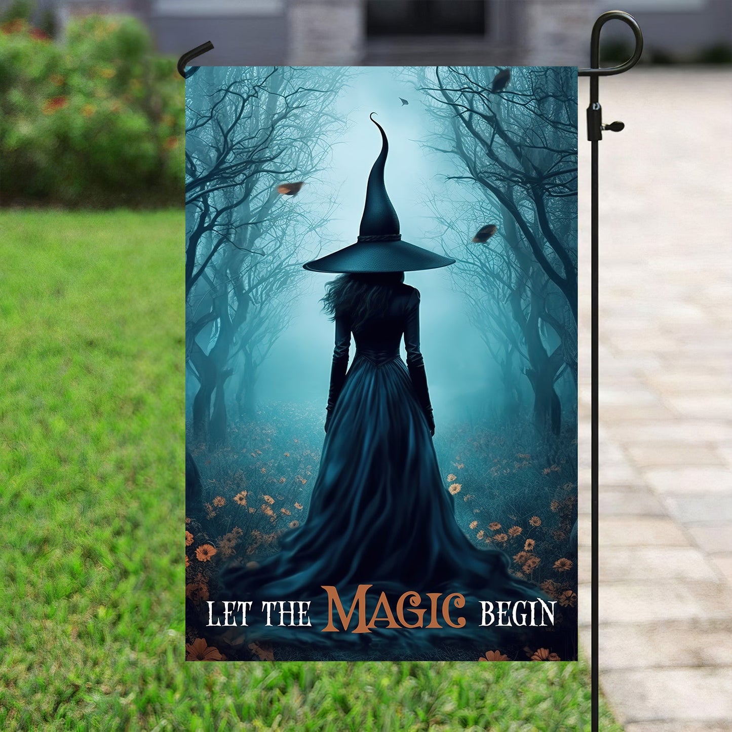 Halloween Witch Flag, Let The Magic Begin Witch In The Dark Forest, Flag Gift For Halloween Decor, Gift For Garden Flag