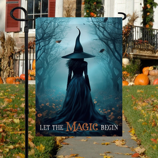 Halloween Witch Flag, Let The Magic Begin Witch In The Dark Forest, Flag Gift For Halloween Decor, Gift For Garden Flag