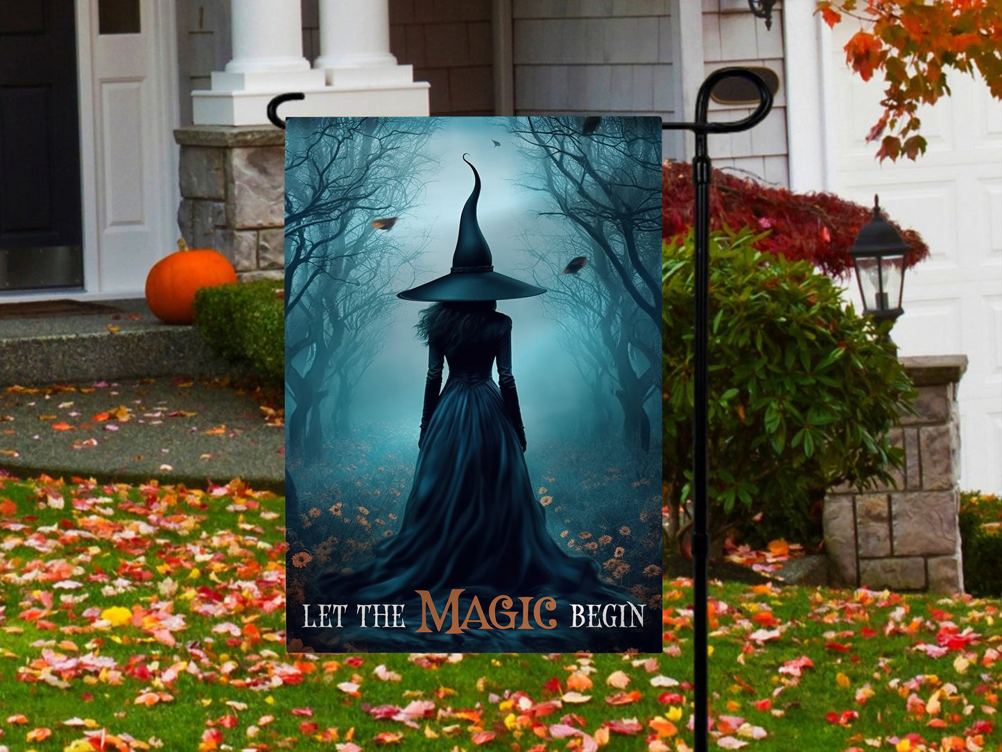 Halloween Witch Flag, Let The Magic Begin Witch In The Dark Forest, Flag Gift For Halloween Decor, Gift For Garden Flag