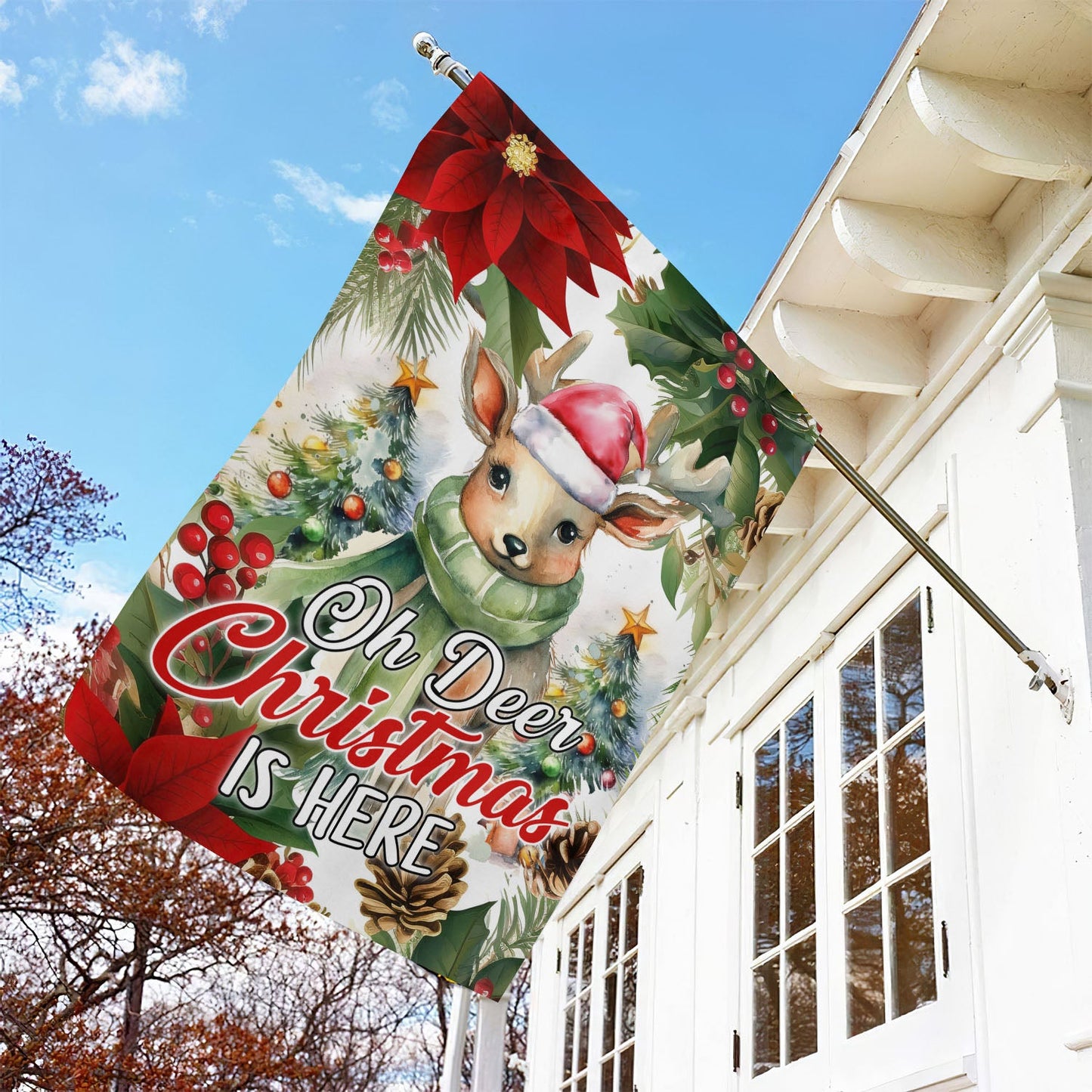 Oh Deer Christmas Is Here, Reindeer Xmas Garden Flag & House Flag, Christmas Flag Gift For Reindeer Lovers