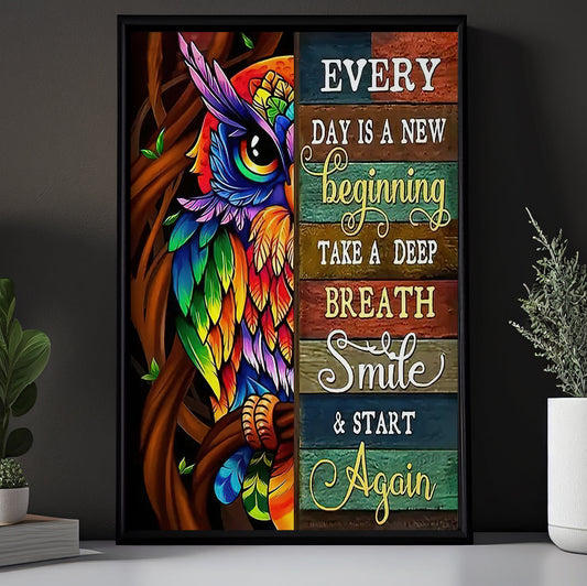 Every Day Is A New Beginning, Owl Canvas Painting, Inspirational Quotes Wall Art Decor, Poster Gift For Owl Lovers