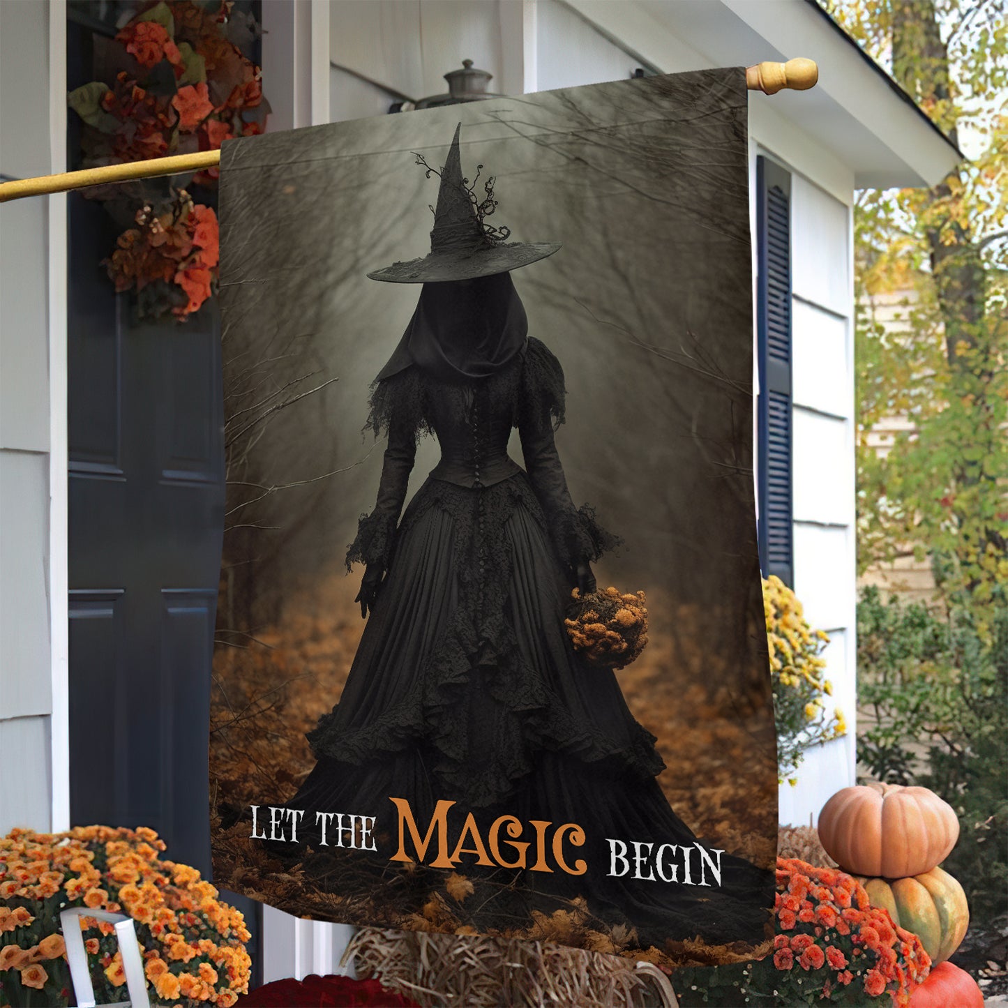 Halloween Witch Flag, Let The Magic Begin Witch In A Autumn Forest, Flag Gift For Halloween Decor, Gift For Garden Flag