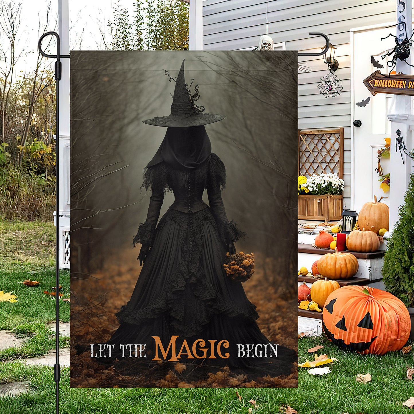 Halloween Witch Flag, Let The Magic Begin Witch In A Autumn Forest, Flag Gift For Halloween Decor, Gift For Garden Flag