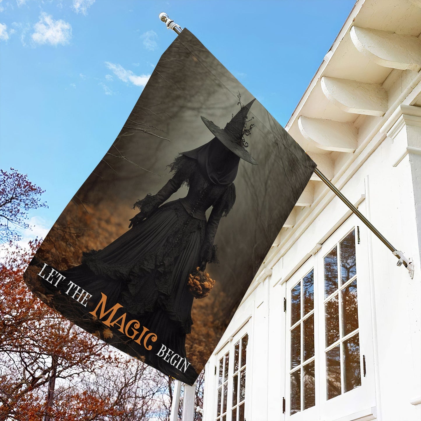 Halloween Witch Flag, Let The Magic Begin Witch In A Autumn Forest, Flag Gift For Halloween Decor, Gift For Garden Flag