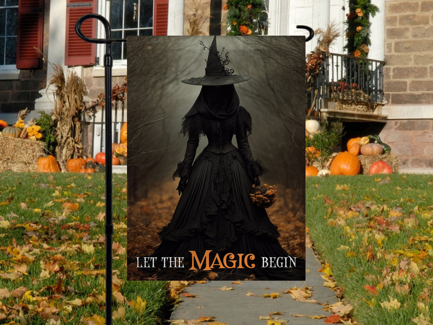 Halloween Witch Flag, Let The Magic Begin Witch In A Autumn Forest, Flag Gift For Halloween Decor, Gift For Garden Flag