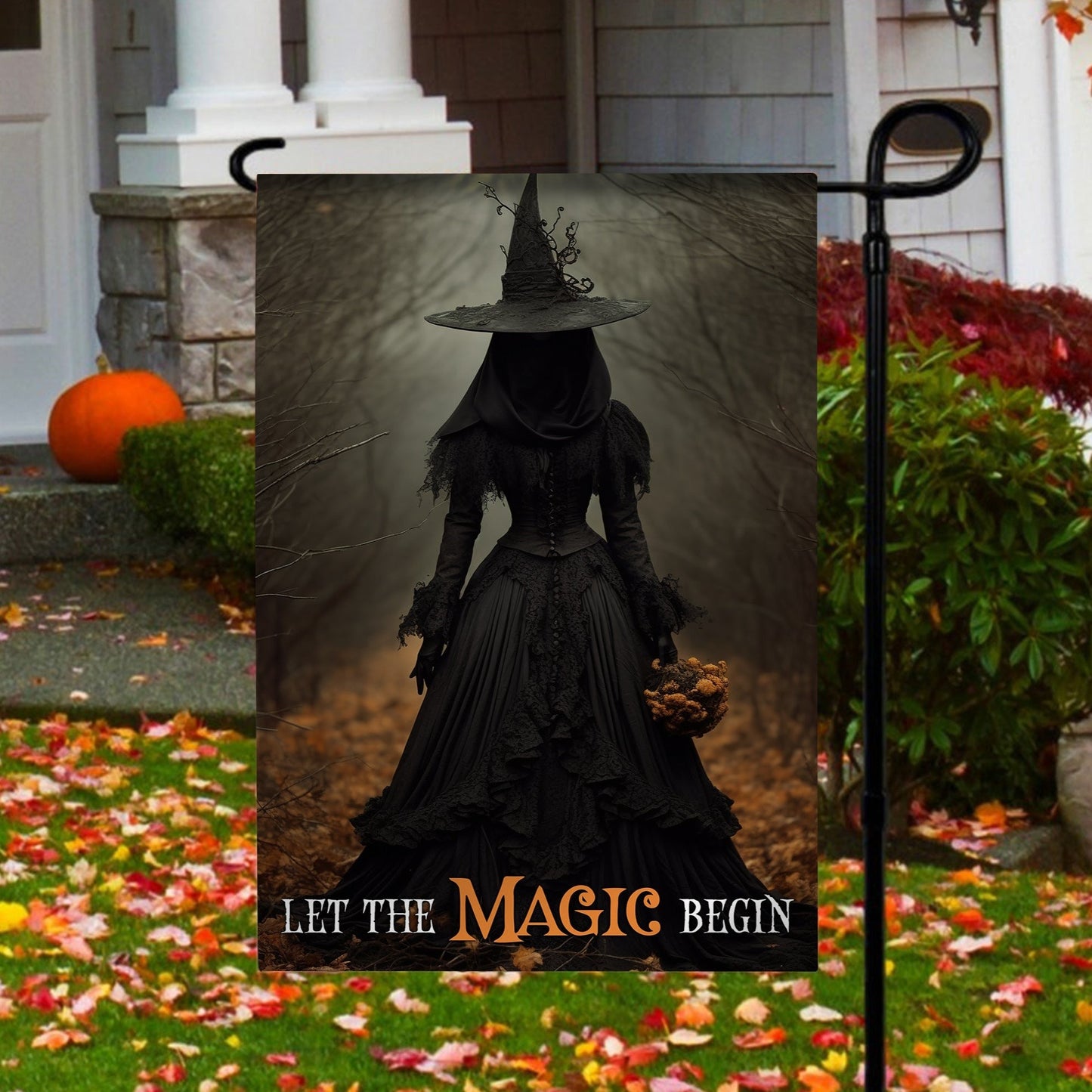 Halloween Witch Flag, Let The Magic Begin Witch In A Autumn Forest, Flag Gift For Halloween Decor, Gift For Garden Flag