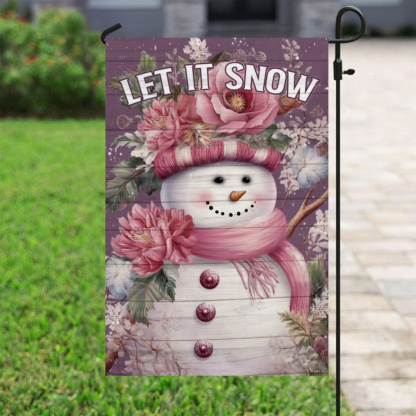 Let It Snow Snowman With Flowers Hat, Snowman Xmas Garden Flag & House Flag, Christmas Flag Gift For Snowman Lovers