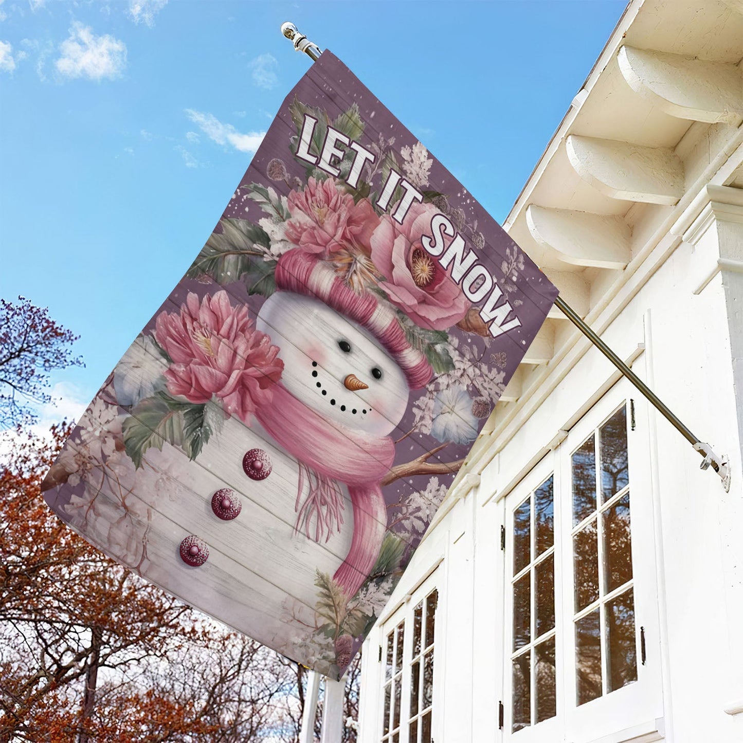 Let It Snow Snowman With Flowers Hat, Snowman Xmas Garden Flag & House Flag, Christmas Flag Gift For Snowman Lovers