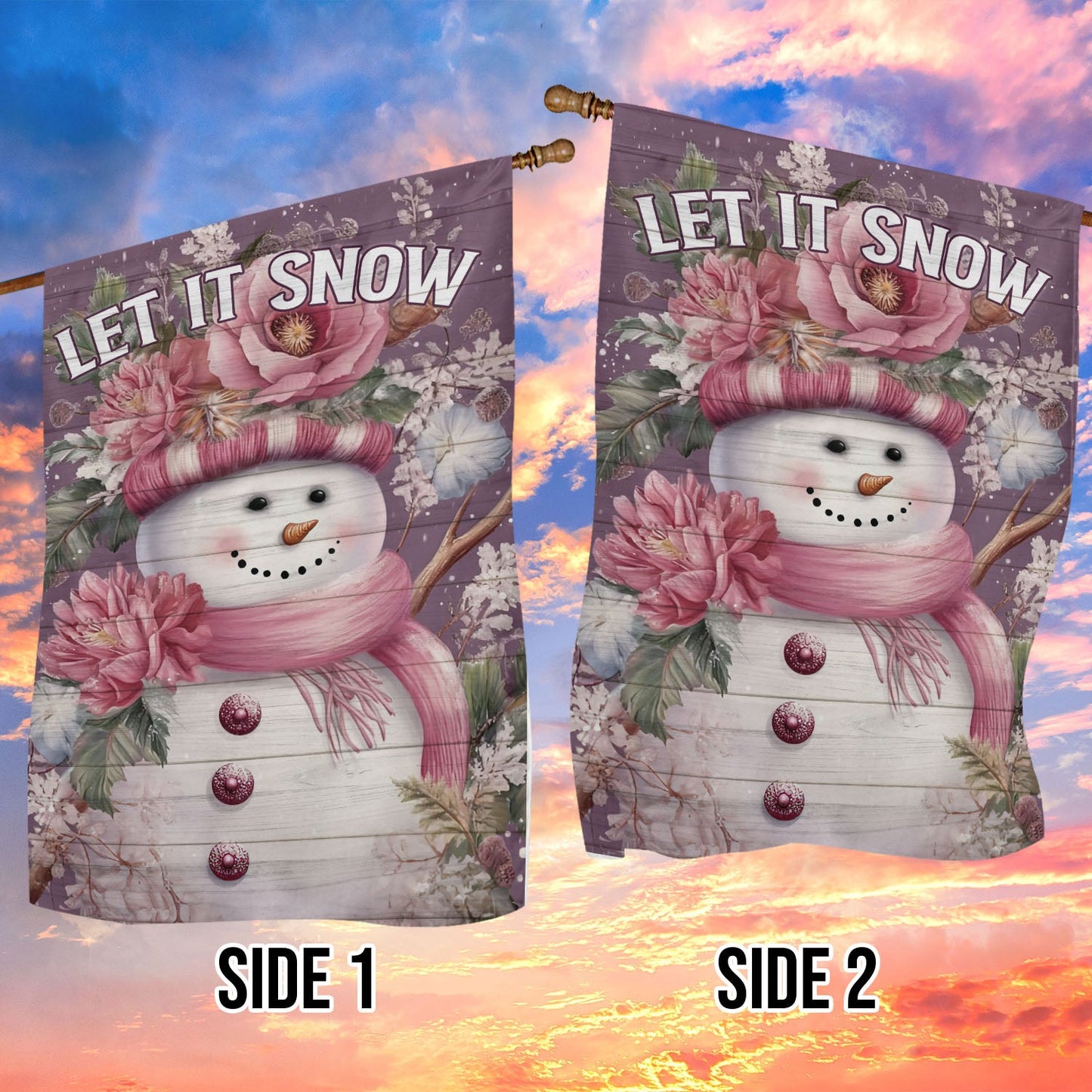 Let It Snow Snowman With Flowers Hat, Snowman Xmas Garden Flag & House Flag, Christmas Flag Gift For Snowman Lovers