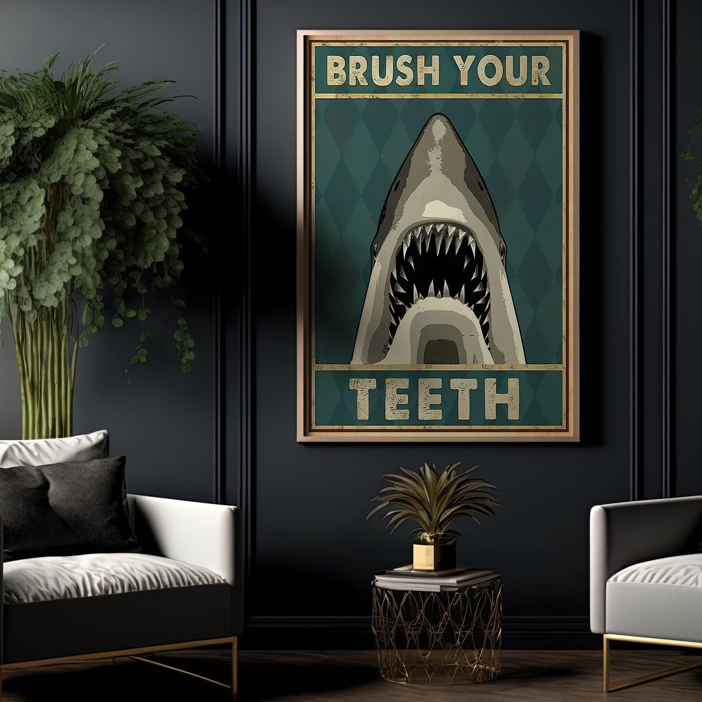 Brush Your Teeth, Funny Shark Canvas Painting, Shark Wall Art Decor, Poster Gift For Shark Lovers