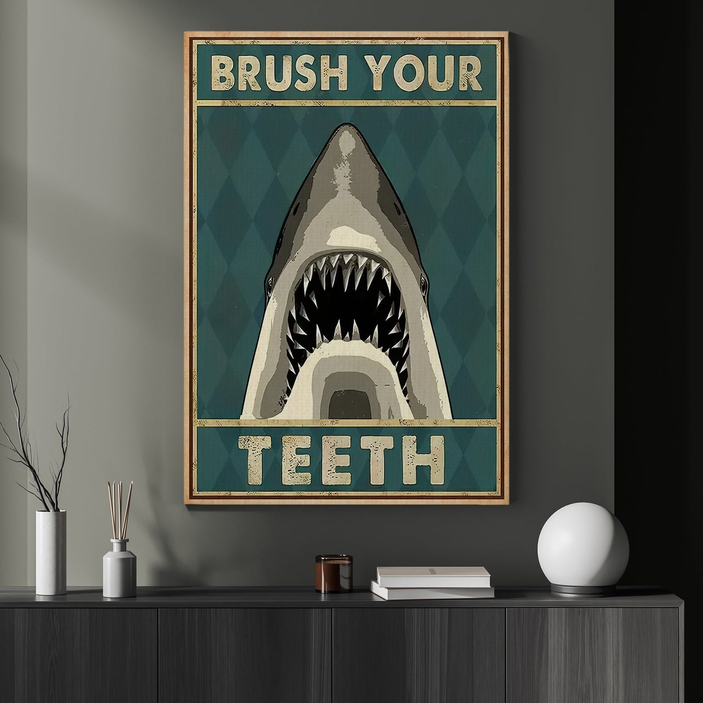 Brush Your Teeth, Funny Shark Canvas Painting, Shark Wall Art Decor, Poster Gift For Shark Lovers