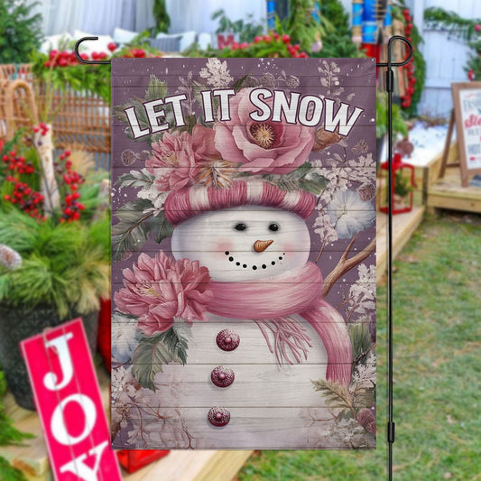 Let It Snow Snowman With Flowers Hat, Snowman Xmas Garden Flag & House Flag, Christmas Flag Gift For Snowman Lovers