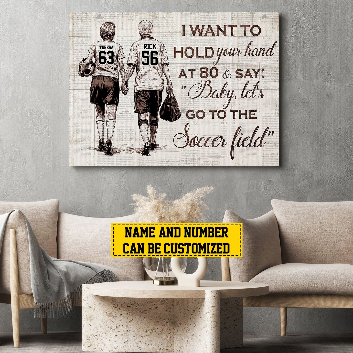 Personalized Motivational Couple Soccer Canvas Painting, I Want To Hold Your Hand At 80, Romantic Quotes Wall Art Decor, Poster Gift For Soccer Lovers