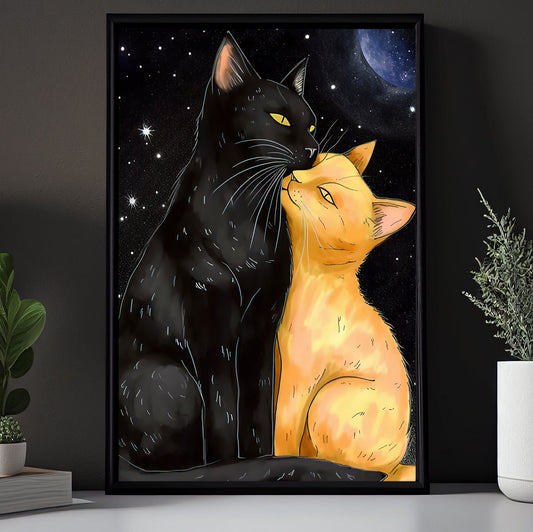 A Celestial Cat Cuddle, Valentine's Day Cat Canvas Painting, Cat Wall Art Decor - Valentines Poster Gift For Cat Lovers